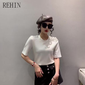 REHIN Womens top Summer new fashion heavy tassel round neck short-sleeved T-shirt All-match thin bottoming shirt elegant trend blouse