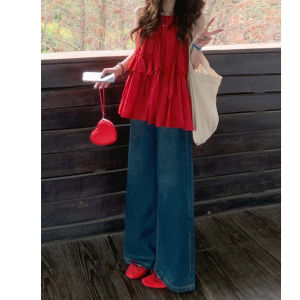 Deep Blue Wide Leg Denim Jeans Womens High Waist Loose Drapey Lazy Small Stature Straight Floor-Length Pants Autumn Trend