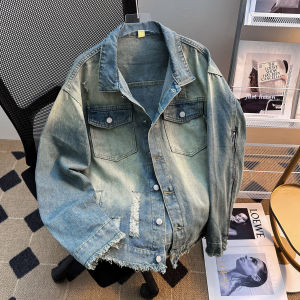 แจ็คเก็ตยีนส์ทรงหลวมสไตล์อเมริกันย้อนยุคสำหรับผู้ชาย ฤดูใบไม้ผลิและฤดูใบไม้ร่วง แจ็คเก็ตแบบสวมสบายสไตล์สตรีท แจ็คเก็ตแบบสวมสบาย