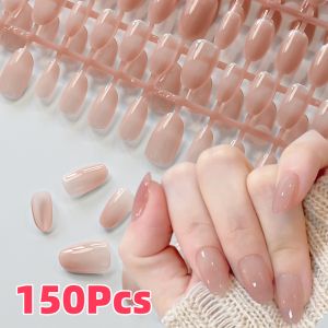 150PCS Gradient Nude Short Almond Fake Nails XS S M Sizes Glossy Full Cover Press On Nails Daily French Tip Nail Art For Women