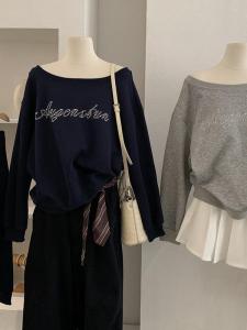 Butterfly Knot Print Long Sleeve Hoodie Womens Casual Loose Fit Autumn New Style Shoulder Bared Diagonal Collar Streetwear