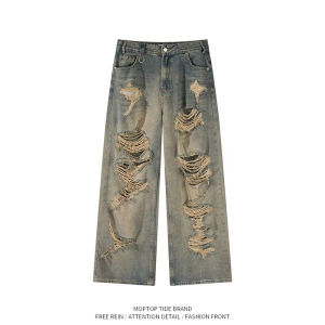 กางเกงยีนส์ทรงหลวมขาดๆ ทรงวินเทจ กางเกงขายาวทรงตรงผ้าฝ้าย ทรงหลวม ทรงลำลอง ฤดูใบไม้ผลิและฤดูร้อน