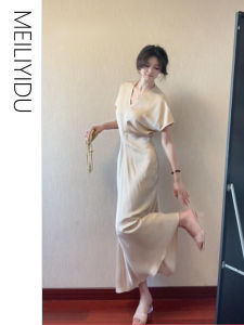 Mlyd/Customized Plus Size French Style Fancy Satin Dress Womens V Neck Elegant Slimming Vacation Long Dress