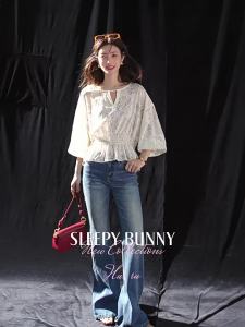 French Lace V-neck Lantern Sleeve Summer Womens Blouse