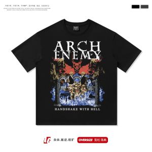 เสื้อยืดแขนสั้นพิมพ์ลายโลหะร็อค Arch Enemy Oversize Drop Shoulder เสื้อยืดคอกลมทรงหลวมสำหรับผู้ชาย สไตล์ยูนิเซ็กซ์