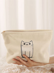 1 cat patterned corduroy makeup bag lightweight zipper makeup storage box multifunctional bag with lining