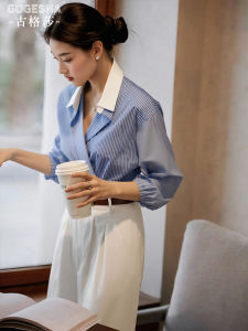 French Elegant Blue Striped Long Sleeve Womens Shirt 2025 Autumn New Style Professional Commute Slimming Top Casual Wear