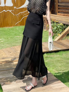 Elegant A-Line Black High-Waist Skirt With Mesh Splicing