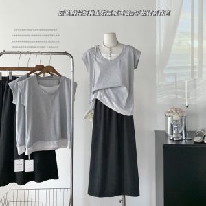Gray Splice Short Sleeve Womens T-Shirt Summer 2024 Loose Slimming Versatile round Neck Cotton Polyester Blend Top