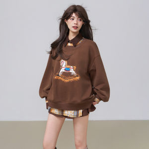KEIKO | Áo Thun Cổ Tròn In Hình Lông Mềm Màu Nâu Retro Dễ Thương
