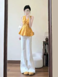 VKSOD | Dopamine Summer Outfit Womens Embroidered Neckline Vest Straight Leg Pants Two-Piece Set Slimming Effect White Long Sleeve