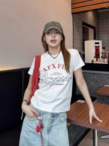 Womens American Style Short SleeveT-Shirt Casual Letter Print Slim Fit Street Style CottonRound Neck Short Length Basic Pattern