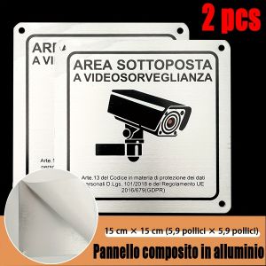 2pcs Italian Aluminum monitoring sign AREA SOTTOPOSTA A VIDEOSORVEGLIANZA self-adhesive plate