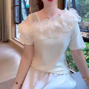 Korean Style Loose Fit Short Sleeve T-Shirt Womens Summer New Design 3D Flower Print Casual Slimming Top Trendy Half Sleeve Shirt