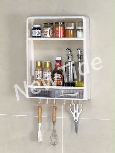 Wall-mounted Spice Rack Drill-Free Installation Kitchen Seasoning Storage shelf Multi-layer Storage Rack Organizer Wall Condiment Oil Salt Sauce Vinegar Rack with hooks and drawers Hanging Shelf