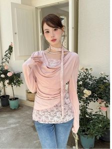 Elegant Long Sleeve T-Shirt Womens Early Autumn New Style Lace Splice Sweet Style Top Sweet Style Tie Waist Universal Fit