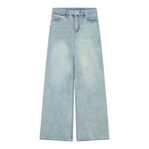 กางเกงยีนส์ทรงตรงเอวสูง สีน้ำเงินอ่อน ผ้าฝ้ายผสมโพลีเอสเตอร์ ฤดูใบไม้ผลิ ฤดูใบไม้ร่วง กางเกงขายาวสำหรับผู้หญิง