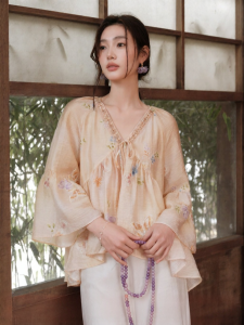 JK&JS | Chinese Style V-Neck Embroidered Bell Sleeve Shirt