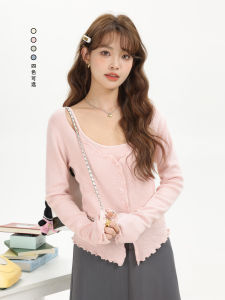 Sweet Pink Korean Style Knitted Sweater with Wooden Edge Fake Two-Piece Early Spring Splicing Halter Neck Anti-Aging