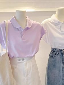 Purple Polo Neck Short Sleeve T-Shirt Women Summer Design Loose Small Flying Sleeve Short Style Korean Version Cotton Blend
