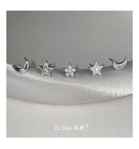 999 Pure Silver Star Moon Earrings Womens Ear Cuff Zircon Stone Fashionable Minimalist Earring Jewelry Fresh out