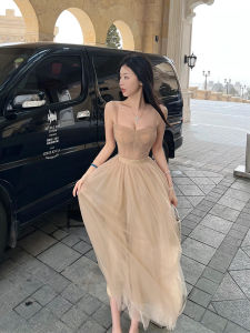 วันเกิดฝรั่งเศสอ่อนโยน เดรส ชุดราตรี หรูหรา ตาข่าย สไตล์เจ้าหญิง แขนยาว ส้มเขียวหวานที่สวยงาม ปาดใหล่ ชุดราตรี ความรู้สึกในเทพนิยาย