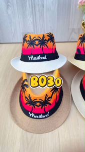m&y shop หมวกสานทรงปานามา แต่งคาดดำสกรีน Thailand สินค้าพร้อมส่งจากไทย B030