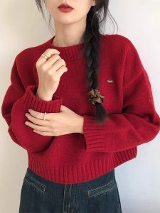 Red Knitted Short Thickened Sweater Womens Base Shirt Spring Autumn New Style Commute Korean Version Cashmere Yarn round Neck