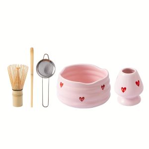 5pcs Pink Heart Decal Ceramic Matcha Set Cute Matcha Set Includes Matcha Bowl Matcha Whisk and Holder Bamboo Scoop Sifter