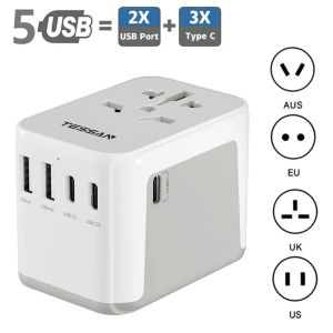 TESSAN Universal Travel Adapter with 2 USB Ports & 3 Type C International Plug All-in-one Wall Charger for US EU UK AUS Travel