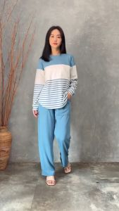 QUEENTIN Setelan Wanita Casual 0767 Stretch Caramel Knit Motif Salur Lengan Panjang