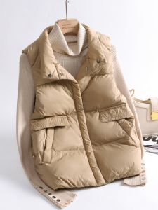 SHIPAILUO | Womens Retro Down Vest Large Size Lightweight Stand Collar White Duck Feather Warm Vest Fashionable Commute Style Zipper Closure