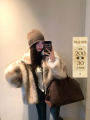 Meng Jia Nan Vtg Rebellious Miss Fox Fur Gradient Zipper Stand Collar Ring Boar Leatherette Women's Fashion Winter Coat. 