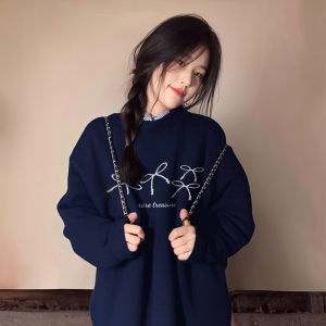 GUAICAI | Navy Blue Round Neck Fluffy Loose Fleece Sweatshirt