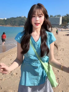 Sweet And Spicy Short Sleeve Shirt Womens Summer New Pleated Waist Cinch V-neck Slimming Sweet Top Street Style Pure Color