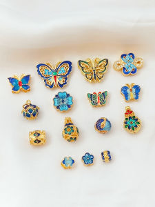 Strong Color Retention 18K Cloisonne Burnt Blue Lotus Butterfly Flower Four-Leaf Clover Scattered Beads Handmade DIY Ornament Bead Accessories