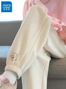Jeanswest Womens Fleece Lined Casual Sports Pants Spring Autumn Small Size 2025 New Style Elastic Waist Straight Leg Trousers