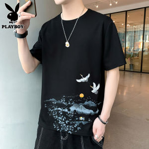 Playboy Mens Short Sleeve T-Shirt Fashionable Printed round Neck Summer Trendy Brand Youth Casual Loose Fit Anti-Wrinkle Polyester