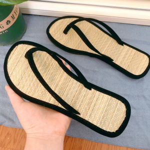 Home Bamboo Woven Straw Clogs Anti-Odor Mens Slippers Summer Season Japanese Style Couples Indoor Cotton Upper Footwear
