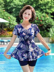 Moms One-Piece Swimsuit Thermal Spring Bathing Suit Slimming Large Size Conservative Design Casual Beachwear Short Sleeve