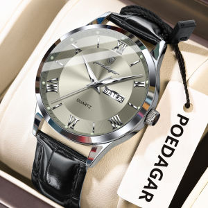 POEDAGAR Business Brand Men Clock Waterproof Luminous Date Week Fashion Man Wristwatch Leather Luxury Mens Quartz Watches Reloj