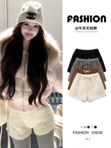 High Waist Fleece Lined Lamb Fur Shorts Womens Casual Wear Autumn Winter Boot Cut Pants Slimming Straight Leg Trousers