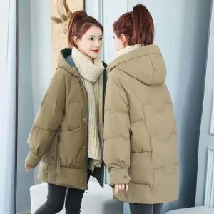 Winter Jacket Womens Mid-length Solid Color Coat Korean Loose Thickened Down Padded Hooded Jacket