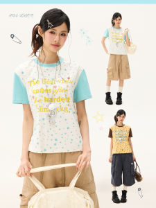 Star Printed Letter Color Contrast Summer Retro Casual T-Shirt