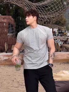 Space Cotton Short Sleeve T-Shirt Mens Sport Fitness Slim Fit Half Sleeve Tighten Cuff American Style round Neck Casual Top
