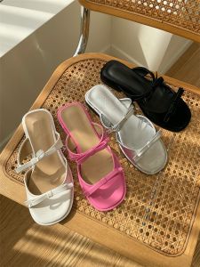 Elegant Pink Korean Style Flat Sandals Womens Silver French Buckle Roman Style Open Toe Slip-On Shoes Ballet Flats