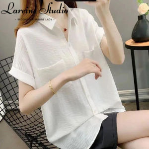 LAREINE Áo sơ mi cỡ lớn cho phụ nữ màu trơn tay ngắn kiểu rộng che bụng Áo sơ mi áo áo mùa hè thoáng khí