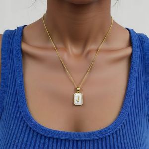 Stainless Steel Square 26 Letters Pendant Necklace White Shell Inlay Cubic Zircon Letter Initial Necklace