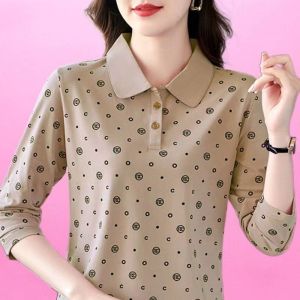 HUAXUNRAN | Spring & Autumn Fashionable Long Sleeve T-shirt for Plus Size Women with Print and Polo Collar