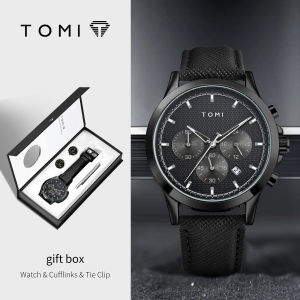 TOMI Luxury Business Four-piece Set Mens Quartz Watch Casual Fashion Mens Cufflinks Tie Clip Watch Gift Box Christmas Gift